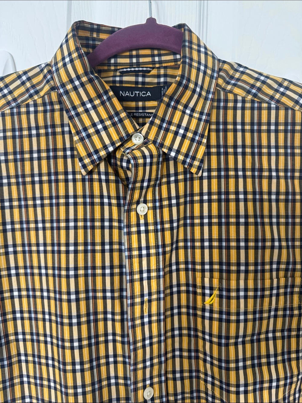 Nautica Men’s Yellow and Navy Plaid Button-Down Shirt